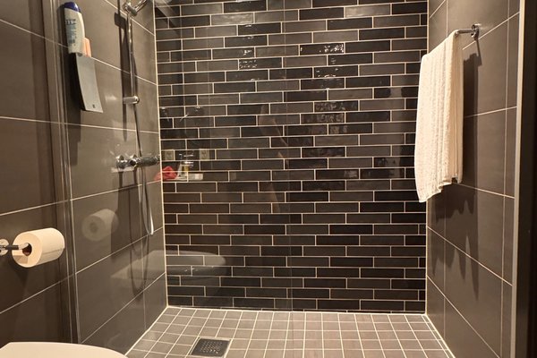 Moderne Dusche mit schwarzen Fliesen, Glasabtrennung und WC in einem stilvollen Badezimmer.