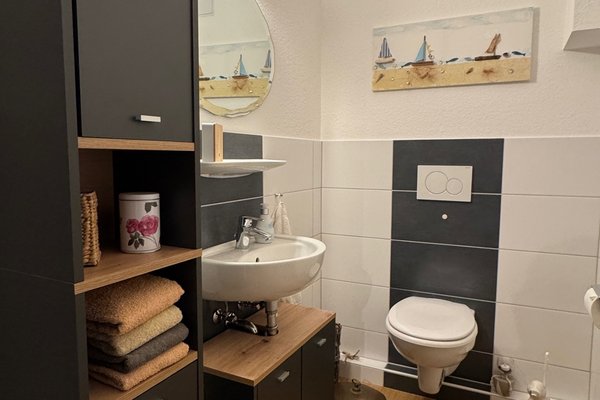 Modernes Badezimmer mit Holzfußboden, Waschbecken, WC und einem hohen Schrank für Handtücher.