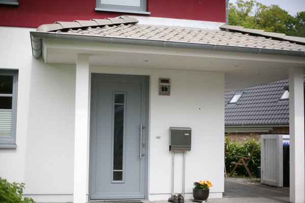 Moderne Haustür in Grau mit Glasdetails, umgeben von einem schlichten Eingangsbereich und einer Blumentopfdekoration.